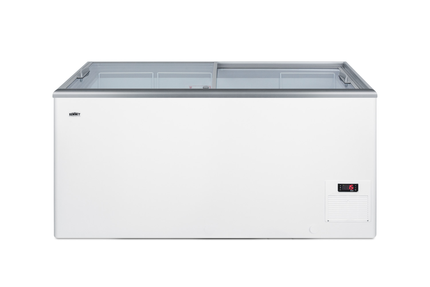 Flat top commercial ice cream freezer with sliding glass lid, digital thermostat, novelty baskets, and 15 cu.ft. capacity